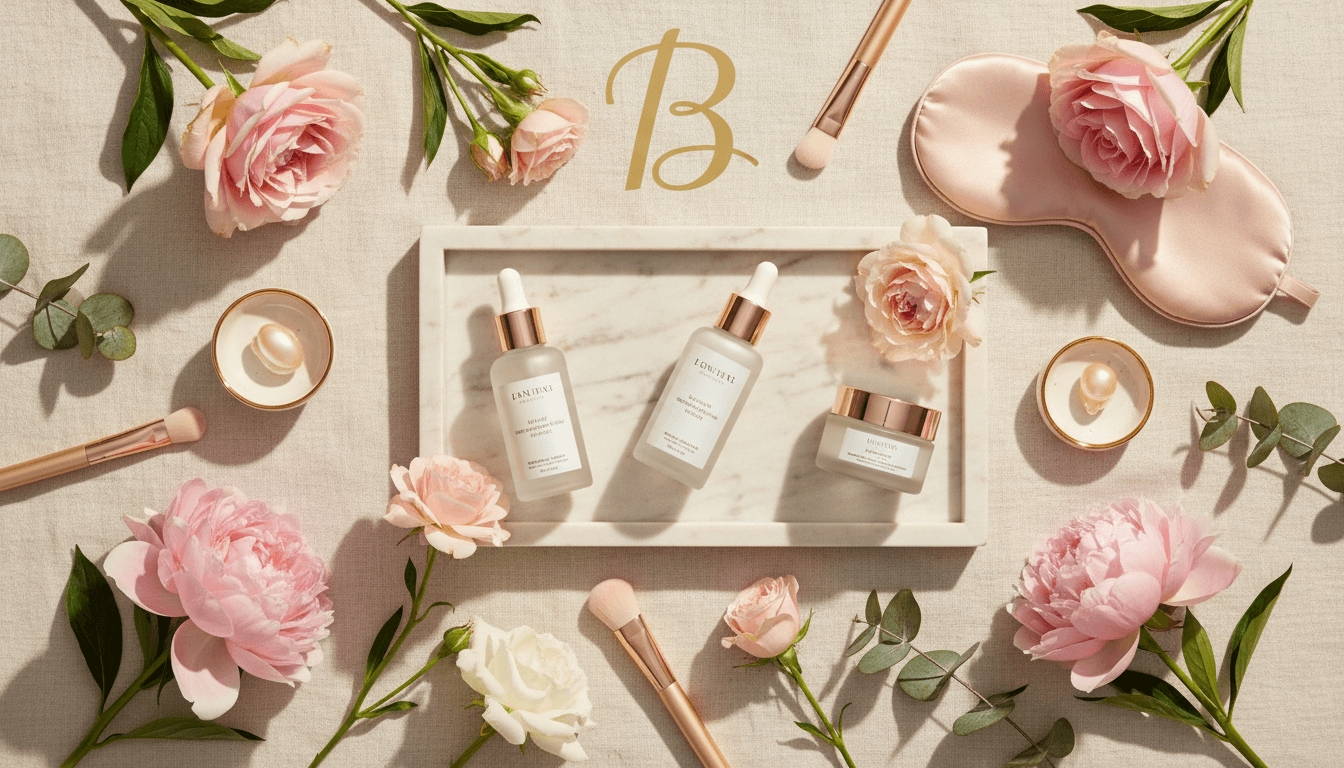 Beautiful arrangement of Mary Kay skincare products and fresh flowers on a neutral background