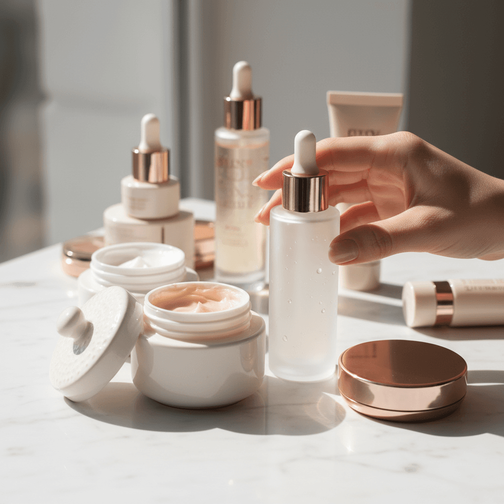 Curated beauty products including skincare and makeup displayed on elegant surface