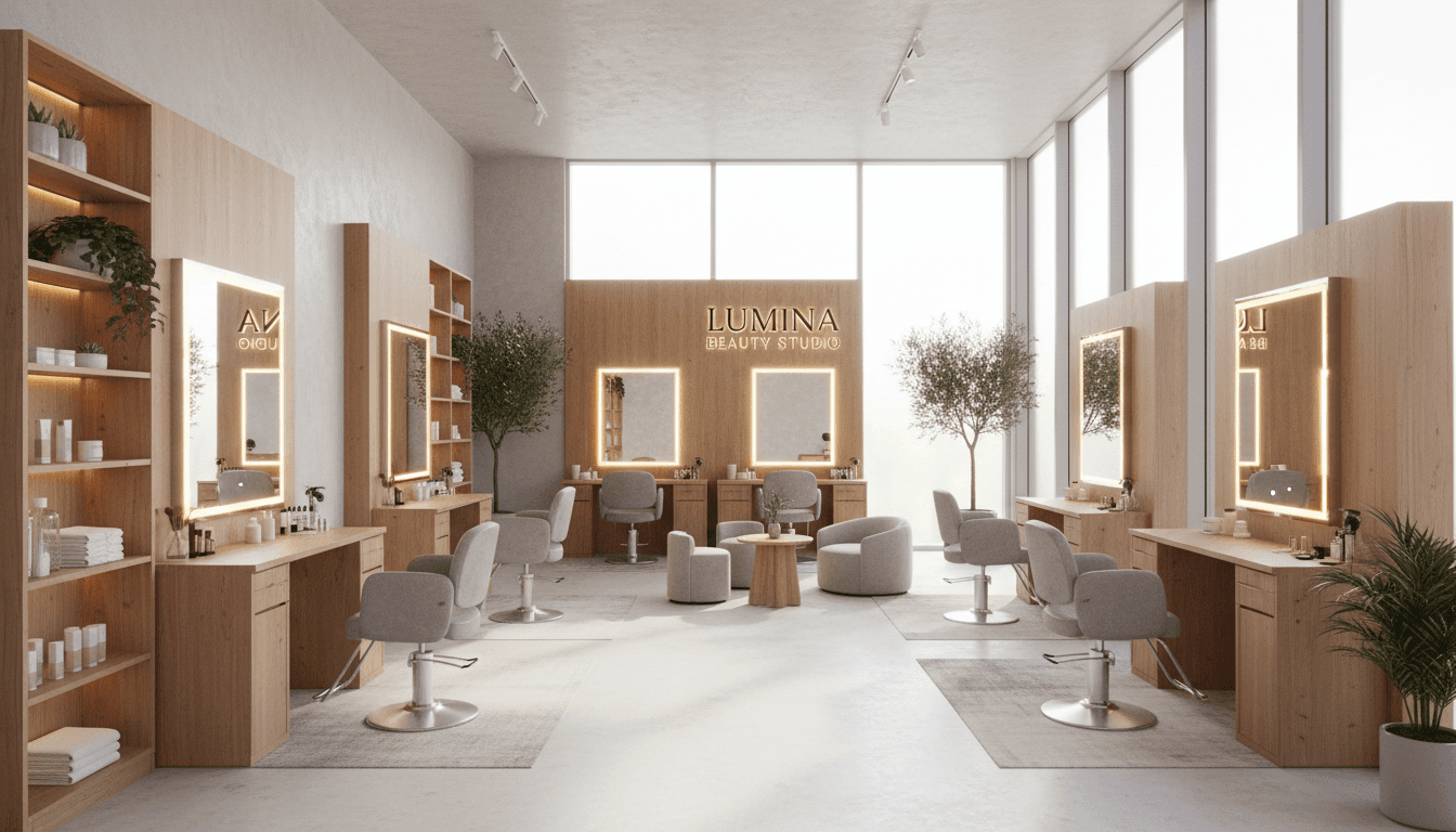 Friendly and welcoming beauty studio environment with soft lighting and vibrant floral accents