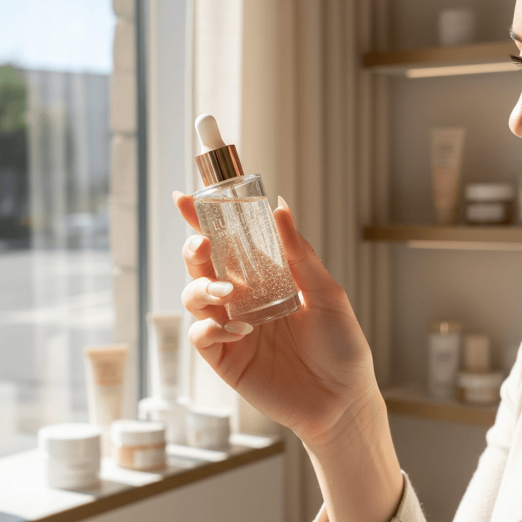 Customer consultation selecting custom skincare solutions