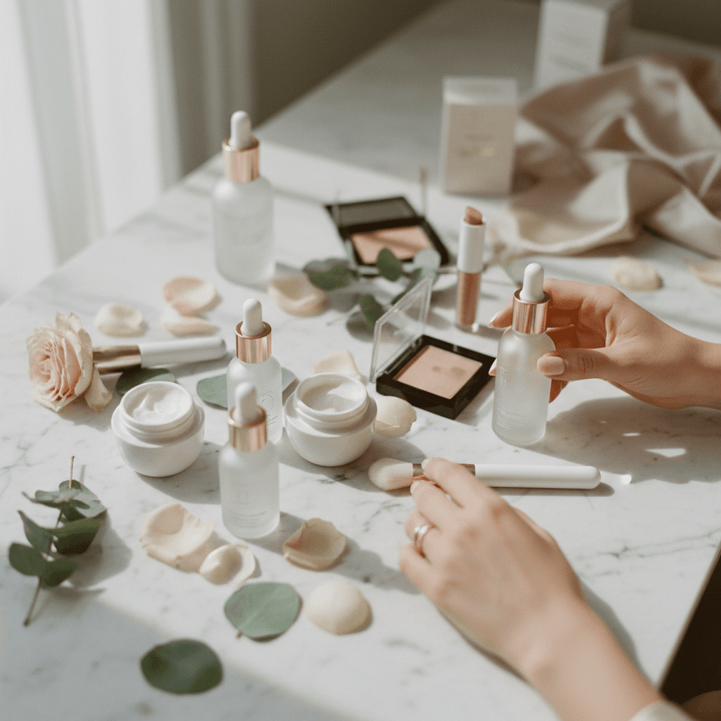 Mary Kay beauty products displayed with vibrant flowers and skincare items